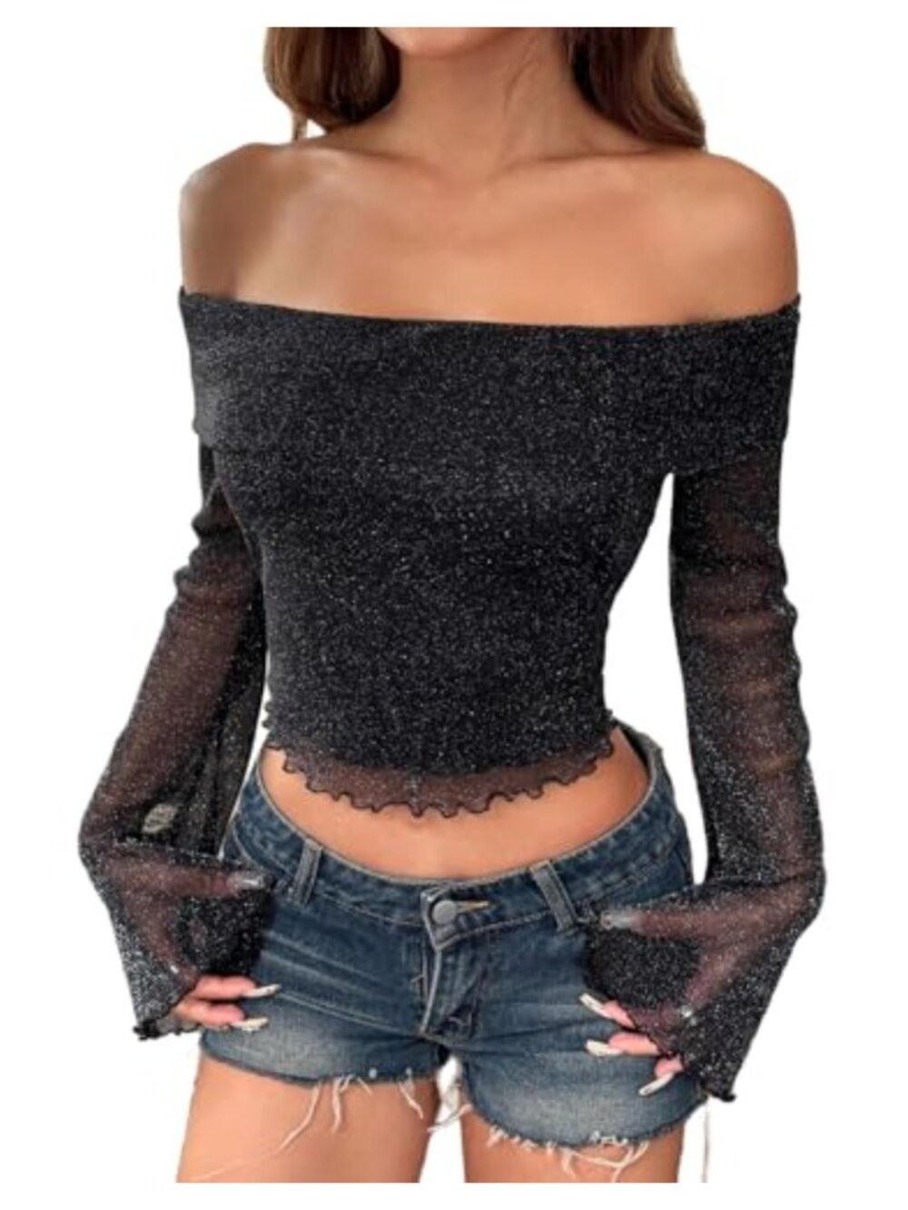 Floerns Women's Leopard Print Mesh Off Shoulder Flared Blouse